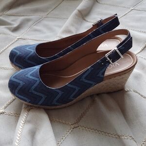 Vionic Coralina Blue Geometric Wedge Espadrilles Size 6 Slingback Comfort EUC